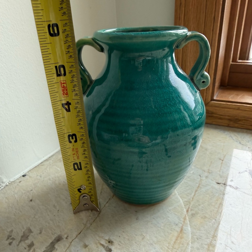 Two-Handled Turquoise Glazed Ceramic/Pottery Vase - Picture 3 of 5